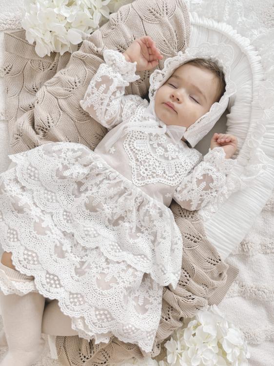 Sukienka do chrztu jasny beż SANAZ  -  Ubrania dla dziewczynek Milulove