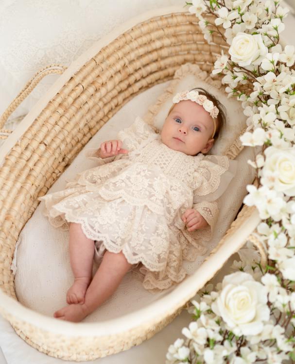 Gabriella, Sukienka do chrztu, rampers, jasny beż -  Ubrania dla dziewczynek Milulove