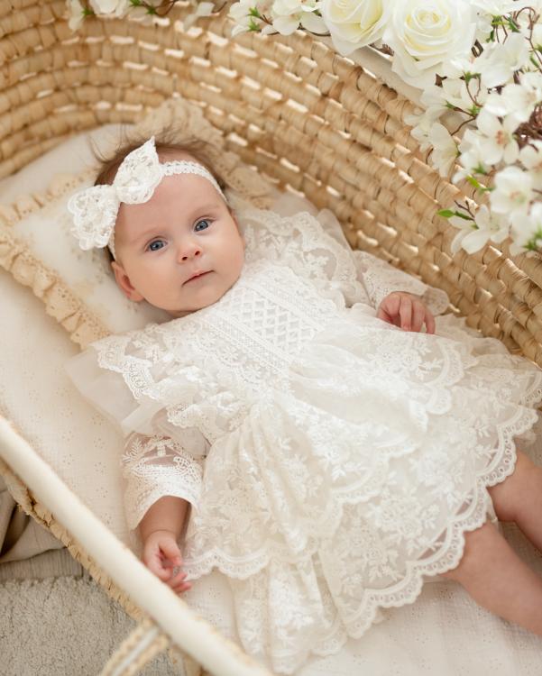 Gabriella, Sukienka do chrztu, rampers, jasny ecru -  Ubrania dla dziewczynek Milulove