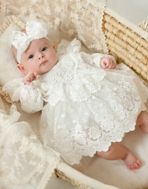 FREYA Sukienka do chrztu, rampers ecru  -  Ubrania dla dziewczynek Milulove