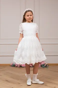MARGOT elegancka koronkowa sukienka na komunię krótki rękaw