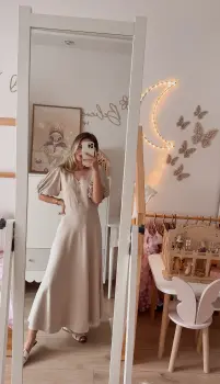 WERA dla mamy, elegancka lniana sukienka beżowa, maxi