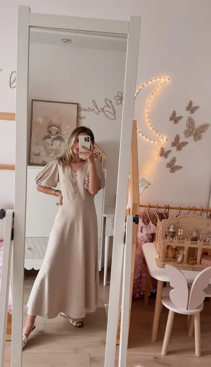 WERA dla mamy, elegancka lniana sukienka beżowa, maxi -  Ubrania dla dziewczynek Milulove