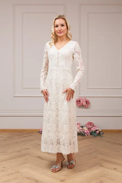 SERENITY , elegancka koronkowa sukienka beżowa, maxi, dla mamy -  Ubrania dla dziewczynek Milulove