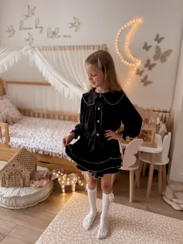 WENDY, Zestaw, komplet lniany koszula i spódnico spodenki dla dziewczynki, granatowy