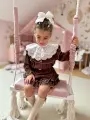 CHOCO, Zestaw, komplet lniany koszula i spódnico spodenki dla dziewczynki, czekolada -  Ubrania dla dziewczynek Milulove