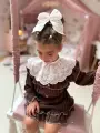 CHOCO, Zestaw, komplet lniany koszula i spódnico spodenki dla dziewczynki, czekolada -  Ubrania dla dziewczynek Milulove