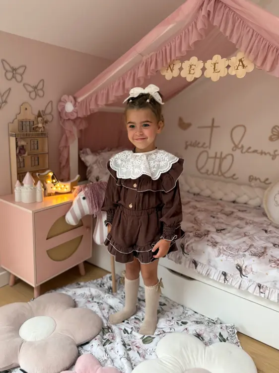CHOCO, Zestaw, komplet lniany koszula i spódnico spodenki dla dziewczynki, czekolada -  Ubrania dla dziewczynek Milulove